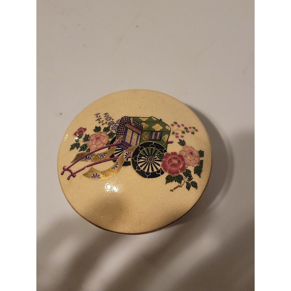 Vintage Asian Floral Carriage Cart Gold Ceramic Covered Trinket Box Dish Japan